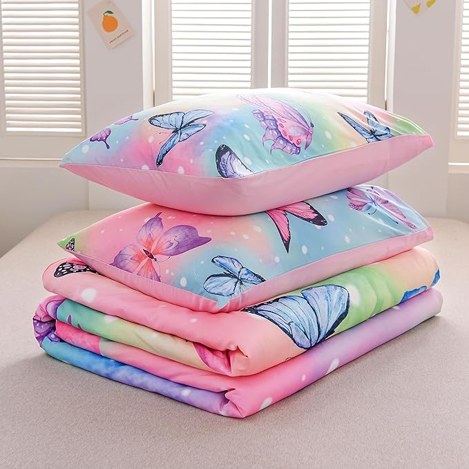 Btargot 3 Piece Butterfly Pattern Girls Comforter Set with 2 Pillow Covers, Gradient Line Rainbow Printed Bedding Set for Women, Queen Multi Color