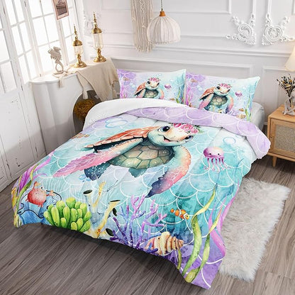 Kids Comforter Set Mermaid Scale Turtle Printed Pattern Bedding Set with 1 Comforter and 2 Pillowcases for Girls Boys Bedroom All Season(Turtle Full)