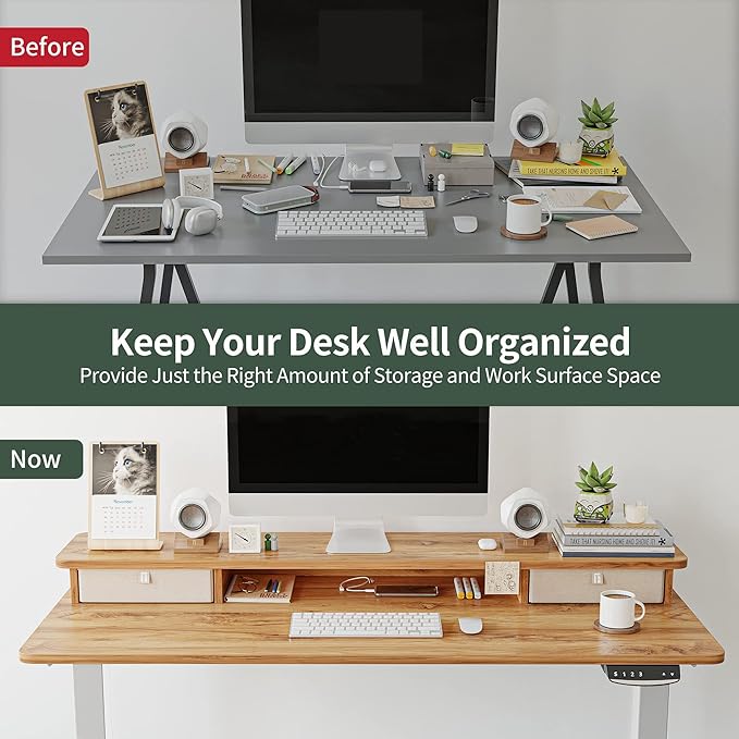 FEZIBO 40 x 24 Inch Height Adjustable Electric Standing Desk with Double Drawer, Stand Up Desk with Storage Shelf, Sit Stand Desk, Light Rustic