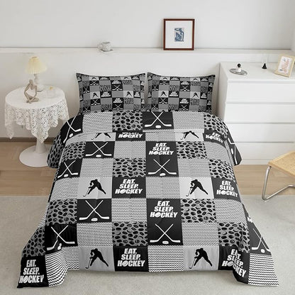 Ice Hockey Comforter Sets For Boys King Black White Grey Winter Sports Games Down Comforter Kids Teen Room Decor,Hockey Pucks Player Bedding Set Geometric Checkered Stripes Quilt Duvet 2 Pillow Cases