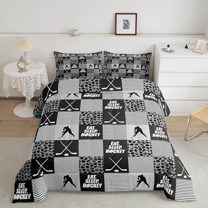 Ice Hockey Comforter Sets for Boys girls Twin Black White Grey Winter Sports Games Down Comforter Kids Teen Room Decor,Player Bedding Set Geometric Checkered Stripes Quilt Duvet 1 Pillow Case