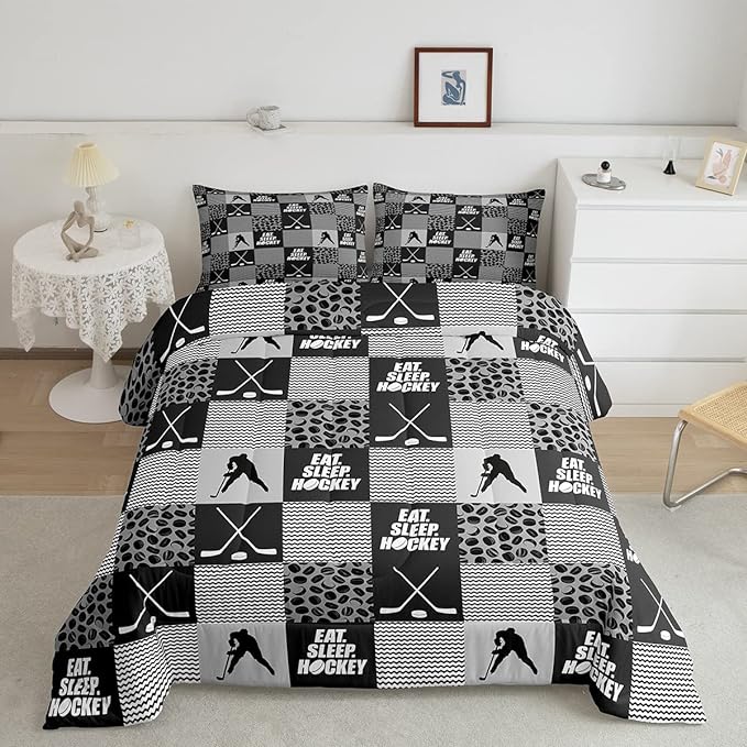 Ice Hockey Comforter Sets For Boys Full Black White Grey Winter Sports Games Down Comforter Kids Teen Room Decor,Hockey Pucks Player Bedding Set Geometric Checkered Stripes Quilt Duvet 2 Pillow Cases