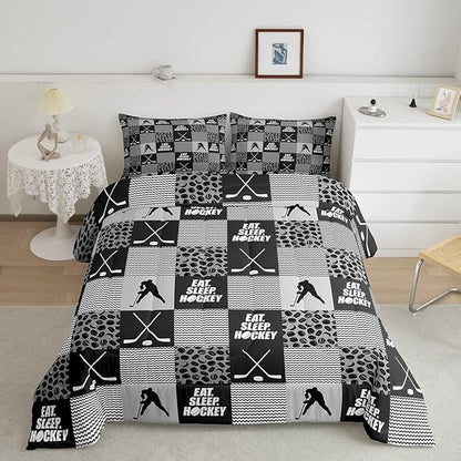 Ice Hockey Comforter Sets For Boys Queen Black White Grey Winter Sports Games Down Comforter Kids Teen Room Decor,Hockey Pucks Player Bedding Set Geometric Checkered Stripes Quilt Duvet 2 Pillow Cases