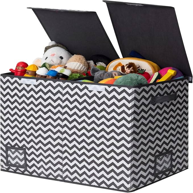 GRANNY SAYS Toy Chest with Lids, Foldable Stuffed Animal Storage with Handles, Toy Storage Organizer for Nursery Room Playroom, Living Room, Large Toy Box for Girls and Boys, Dark Gray V Pattern