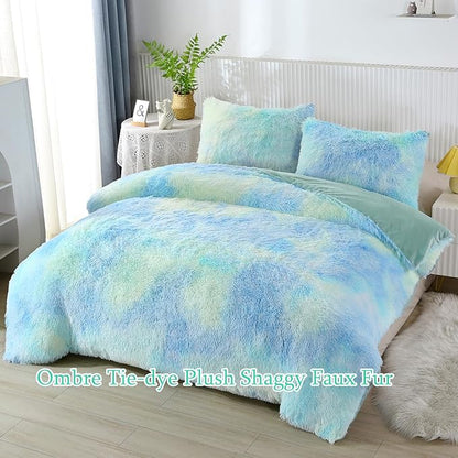 WINLIFE Shaggy Bedding Comforter Set Faux Fur Flannel Furry Comforter Microfiber Long Hair Fluffy Plush Comforter Sets Gradient Ombre Blue Aqua Teal Bedding for Girls Adults (3Pcs, Queen, Mint Green)