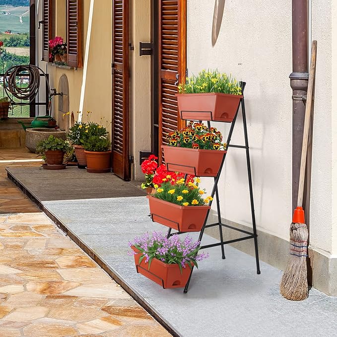 OYEAL Raised Garden Bed 4 Tier Vertical Garden Planter Indoor Outdoor Herb Planter with Legs Elevated Garden Planters for Flowers Vegetables Plants, Brick Red