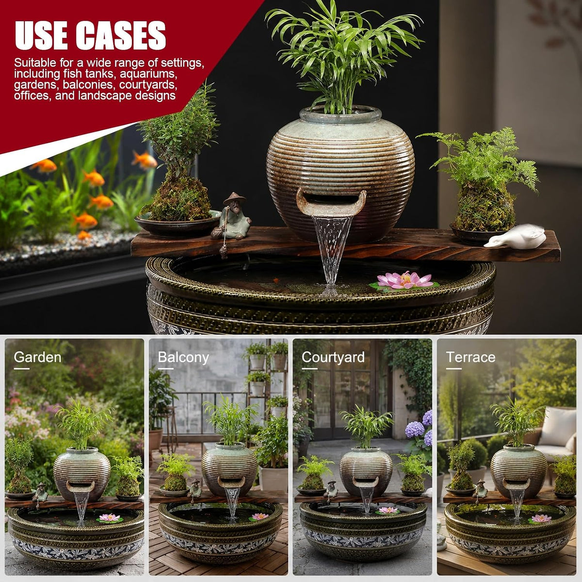 Ceramic Water Fountain Spout U-Shaped, Spitters for Small Ponds | Fish Tank Water Circulation for Patio Pond Pool, Decoration Landscaping Fountain Ornaments(23*20*19cm/9.1*7.9*7.5in)