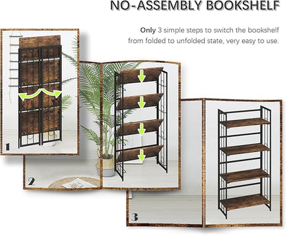 4NM No-Assembly 4 Tiers Folding Bookshelf Storage Shelves Vintage Bookcase Standing Racks Study Organizer Home Office - Rustic Brown and Black