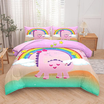 Tailor Shop Pink Dinosaur Comforter Set, Kids Dinosaur Comforter Sets,Cartoon King Bedding Set for Girls ，Colorful Dino Bedding Sets，Dinosaur Bed Set,with 1 Comforter 2 Pillowcase