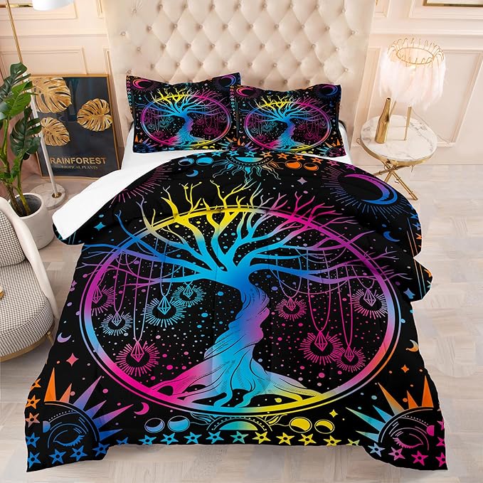 NINENINE Tree of Life Bedding Sets Queen Sun and Moon Comforter Set,Gothic Bohemian Comforter Set for Kids Boys Girls,Galaxy Stars Mandala Tribal Bed Set with 1 Comforter 2Pillowcases…