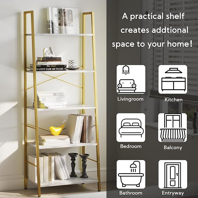 Yusong Ladder Shelf, 5-Tier Bookshelf Wood Bookcase for Living Room, Industrial Book Shelves, Tall Storage Display Rack Plant Stand for Bedoom, Home Office, Gold Metal Frame and White Marble Plank