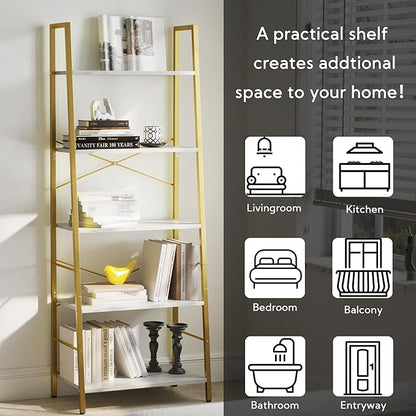 Yusong Ladder Shelf, 5-Tier Bookshelf Wood Bookcase for Living Room, Industrial Book Shelves, Tall Storage Display Rack Plant Stand for Bedoom, Home Office, Gold Metal Frame and White Marble Plank