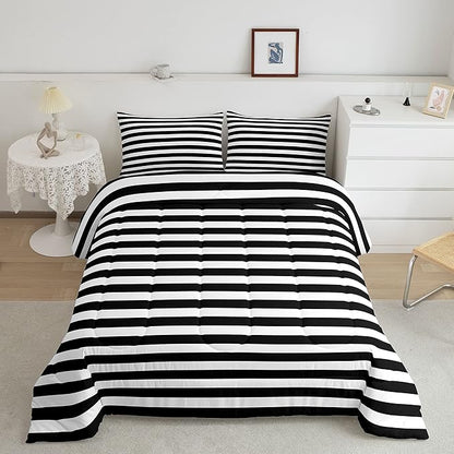 Striped Comforter Set Black and White Stripe Bedding Set Queen Kids Boys Girls Women Men Farmhouse Ticking Stripes Duvet Set Modern Geometric Lines Adults Abstract Gothic Home Decor Soft Reversible