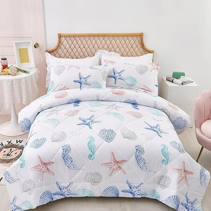 JSD Beach Theme 3 Piece Full Kids Comforter Set, Jellyfish Starfish Shell Printed Comforter with Pillow Sham, Soft Comfortable Machine Washable