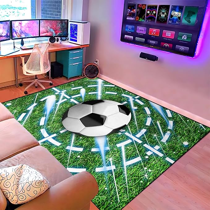 Football Rug for Boys Room - Soccer Rug for Boys Room Football Printed Rug for Kids Room Football Decor for Boys Bedroomsports Ball Doormat for Living Room Bedroom,4'×5'