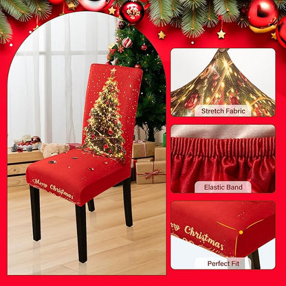 6PCS Christmas Dining Chair Covers Stretch Removable Washable Dining Room Chair Protector Slipcover 3D Print Xmas Tree Bow Tie Kitchen Chair Cover Slipcovers for Xmas Holiday Party Home Décor