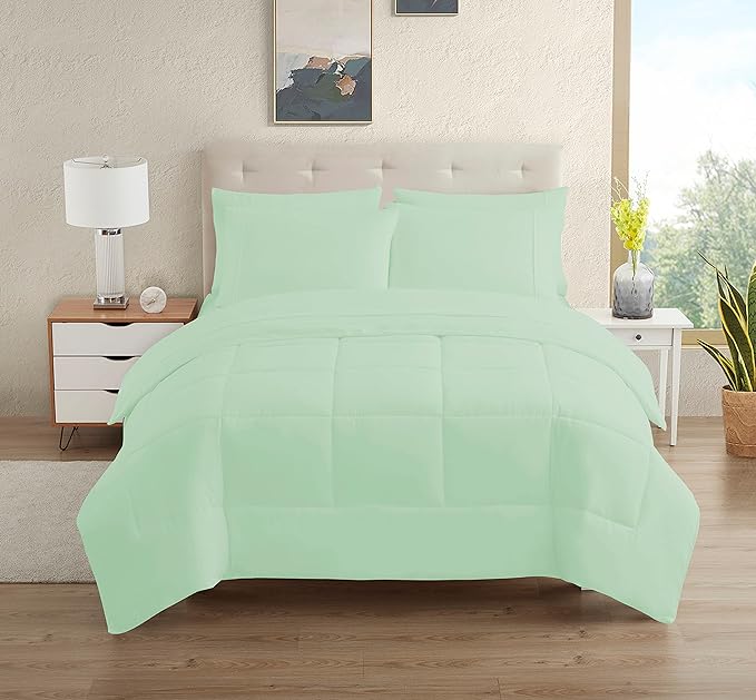 Dorm Room Essentials College Bedding Comforter Set 7 Piece Full Size Bed in a Bag for College Students Boys and Girls, Full, Mint
