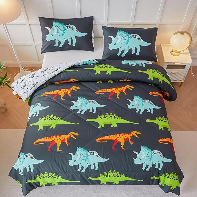 RYNGHIPY Dinosaur Bedding Set Queen Size Dinosaur Kids Comforter Set for Boys Girls Soft Breathable Cute Dinosaur Bed Set for All Season (Black,Queen)