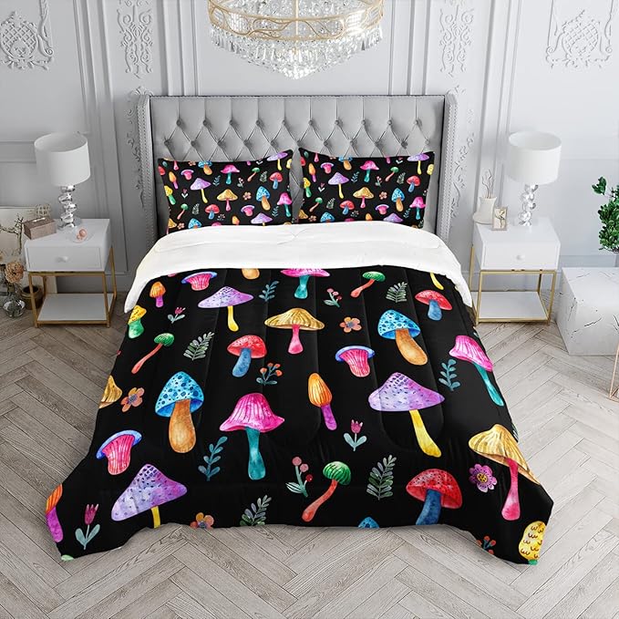 Colorful Mushroom Comforter Set Full Size Kids Mushroom Flora Bedding Set Botanical Plant Theme Print Quilt Bed Set for Boys Girls Adults with 1 Comforter and 2 Pillowcases
