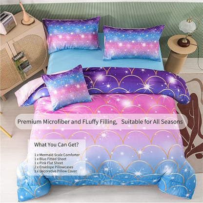 RYNGHIPY 6Pcs Teal Pink Sparkle Mermaid Comforter Sets Full Size, 3D Rainbow Glitter Girls Bedding Sets, Ombre Pastel Fish Scale Bedding Collection Sets