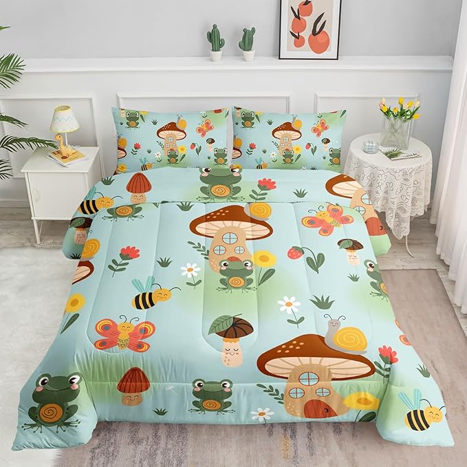 Datura home Cartoon Mushroom House Kids Comforter Bedding Set for Boys Girls, Green Grassland and Cute Frog Bee Print Comforter with 2 Pillowcases(Mushroom House Queen), Mushroom Frog