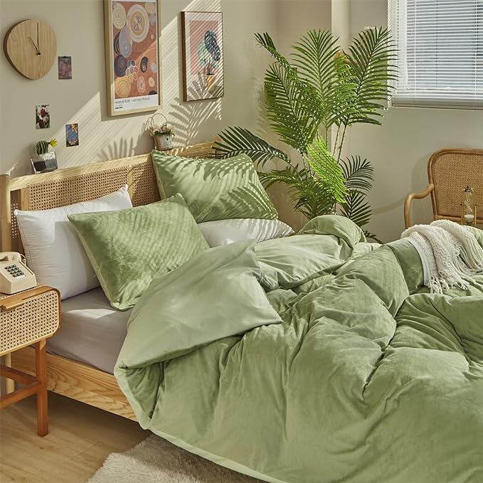 Wellboo Sage Green Velvet Comforter Sets Twin Size Solid Light Green Fluffy Bedding Comforters Women Men Plain Green Flannel Quilt Modern Grass Green Micromink Sherpa Blankets Fuzzy Plush Winter Bed