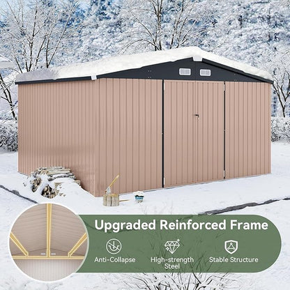Aoxun 12x10 FT Shed Outdoor Storage Shed with Large Doors & Galvanized Steel, Large Shed Steel Utility Tool Shed Storage House with Door & Lock, for Patio Lawn Garden Sand, Brown