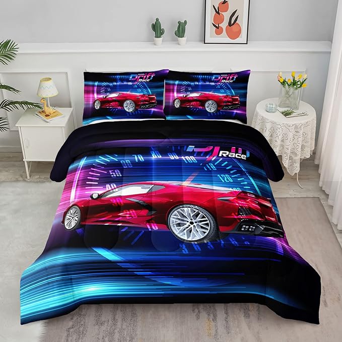 Axolotl Race Car Bedding Set Queen Size,Boys Extreme Sports Comforter Set for Kids Boys Car Racing Gifts,Red Cool Car Comforter Car Sports Quilt Set 1 Comforter Set with 2 Pillowcase Car Racing Gifts