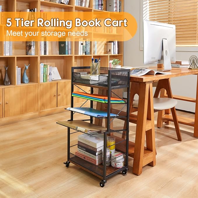 Heyexiha 5 Tier Book Shelf with Sliding Trays, Metal & Wooden Bookcase, Durable Rolling Book Cart, Book Shelf with Wheels, Small Book Shelf Storage Bookcase for Living Room, Bedroom, and Home Office