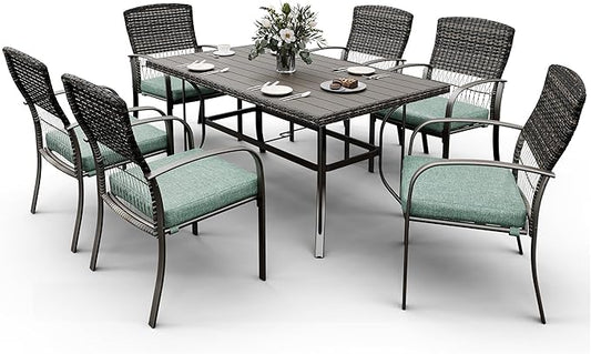 Patio Dining Set for 6, 7 PCS Patio Table & Chair Set, Metal Slatted Table with 2" Umbrella Hole, All-Weather Wicker Patio Dining Furniture with Removable Cushions for Deck, Lawn, Garden(Green)
