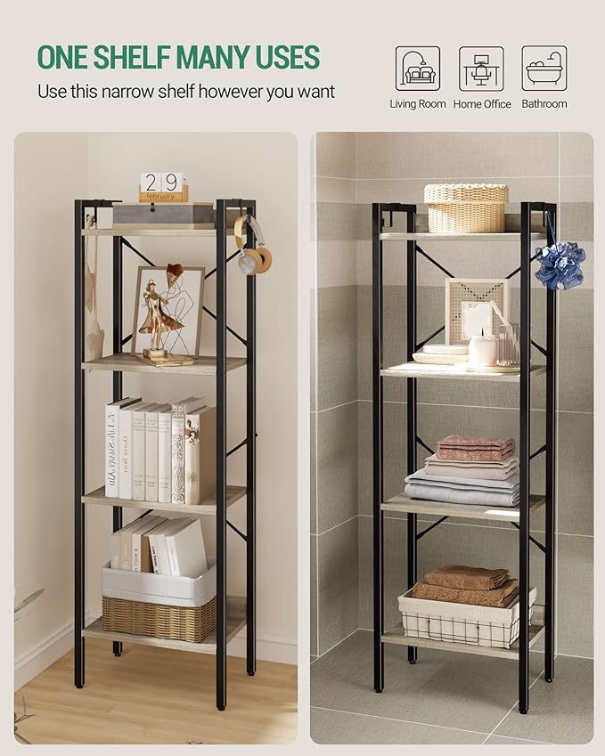 Bookshelf, Book Shelf, Industrial Bookcase with 2 Hooks, Coner Shelf Storage Organizer for Home Office, Living Room, Bedroom, Kitchen, 4-Tier Greige BC10405B