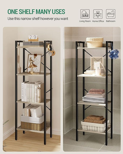 Bookshelf, Book Shelf, Industrial Bookcase with 2 Hooks, Coner Shelf Storage Organizer for Home Office, Living Room, Bedroom, Kitchen, 4-Tier Greige BC10405B