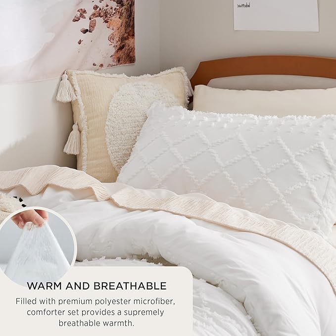 Bedsure Twin/Twin XL Comforter Set - White Boho Twin Extra Long Comforter Set for College, Shabby Chic Dorm Bedding Set, 2 Pieces Modern Farmhouse Bed Set, includes 1 Pillow Sham