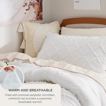 Bedsure Twin/Twin XL Comforter Set - White Boho Twin Extra Long Comforter Set for College, Shabby Chic Dorm Bedding Set, 2 Pieces Modern Farmhouse Bed Set, includes 1 Pillow Sham