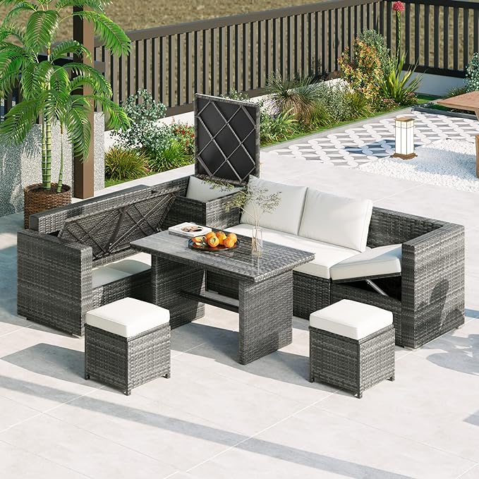 6-Piece Outdoor Furniture Set with Dining Table, Adjustable Seat and Storage Box, All Weather PE Rattan Patio Conversation Sofa L-Shaped Couch for Garden Lawn, Grey Wicker+Beige Cushion