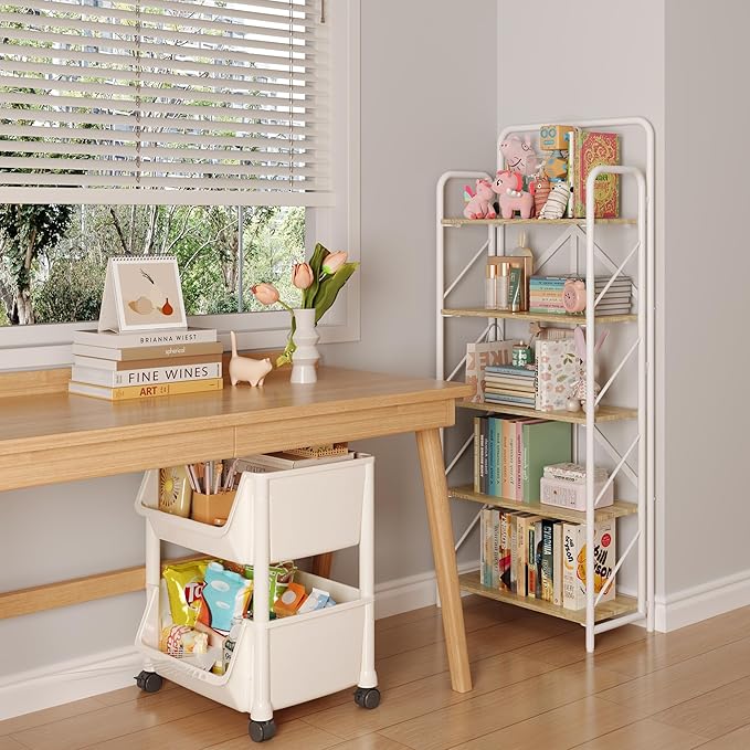 JSB No Assembly Folding Bookshelf, 5 Tier Industrial Metal Book Shelf for Storage, Vintage Wood foldable Bookcase for Living Room, Bedroom, Office Organization Shelves
