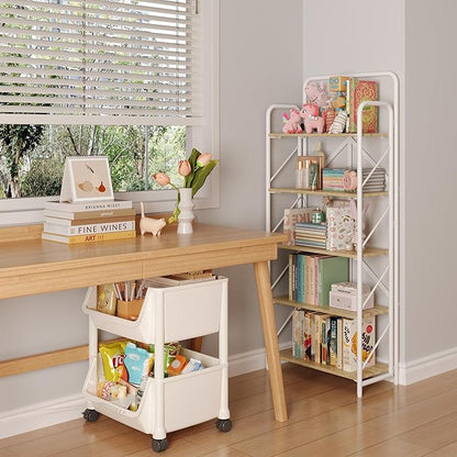 JSB No Assembly Folding Bookshelf, 5 Tier Industrial Metal Book Shelf for Storage, Vintage Wood foldable Bookcase for Living Room, Bedroom, Office Organization Shelves