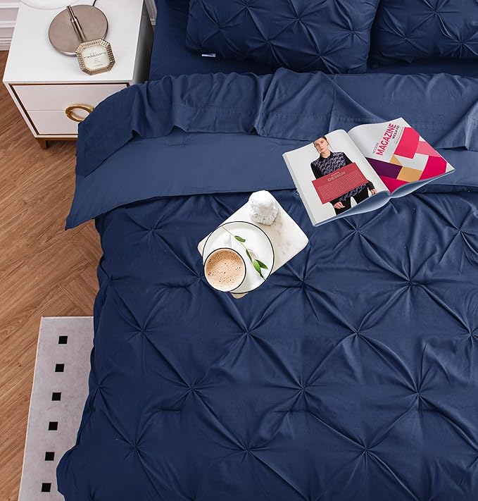 Lane Linen Bedding Comforter Set Full Size, 7 Piece Full Size Bed in a Bag Set, Soft Bedding Sets Full Size, Pintuck Full Bed Set, Full Size Comforter Sets with Sheets, Pillowcases & Shams - Navy Blue