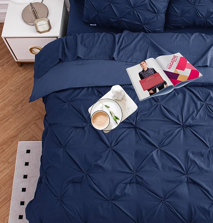 LANE LINEN Bed Comforter Set for Split King Mattress, Soft 8 Piece Split King Bed in a Bag with 1 King Comforter, 1 King Size Flat Sheet, 2 Twin XL Fitted Sheets, 2 Pillowcases & 2 Shams - Navy Blue