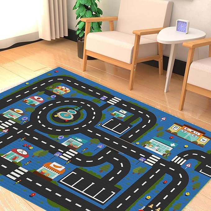 Analog ABC Kids Rug Playroom Car Rug Play Mat City Life Road Rug for Cars Fun City Map for Carpet for Bedroom Boys (55 * 82 inches, Hope City)