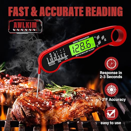Meat Thermometer Digital - Instant Read Waterproof Food Thermometer with Backlight for Cooking, Grill, Candy, Kitchen & Stocking Stuffers for Men - Red