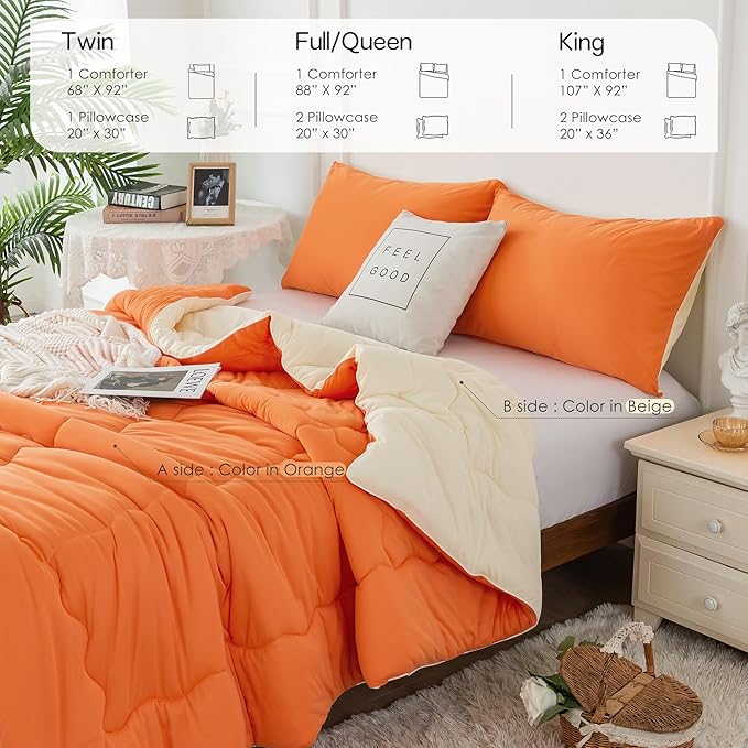 COTTEBED Reversible Ultra-Soft Bright Orange and Beige Comforter Set Queen, Jersey Knit T-Shirt Feel Bedding Blanket Down Conforters Sets & Pillowsham for Men Women All Season Use, Full/Queen Size Bed