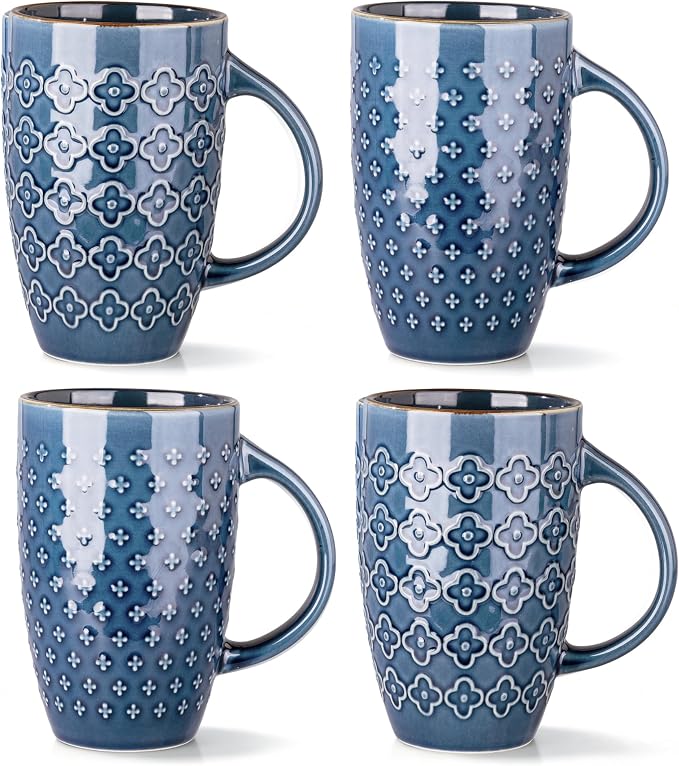AmorArc Large Coffee Mugs Set of 4, 20oz Tall Coffee Mugs Set | with Texture Patterns for Cappuccino, Latte,Hot Cocoa, Dishwasher & Microwave Safe-Moonlight Blue