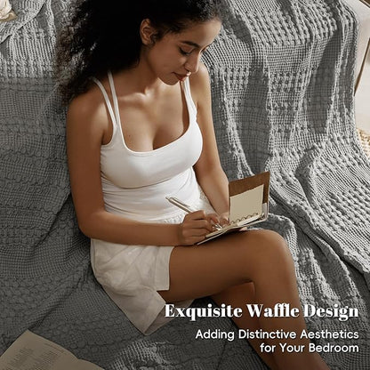 PHF 100% Cotton Waffle Weave Blanket Queen Size, Soft Lightweight Breathable Cozy Summer Blankets for Bed, Luxury Aesthetic Woven Bedding for Home Decor, 90"x90", Dark Grey