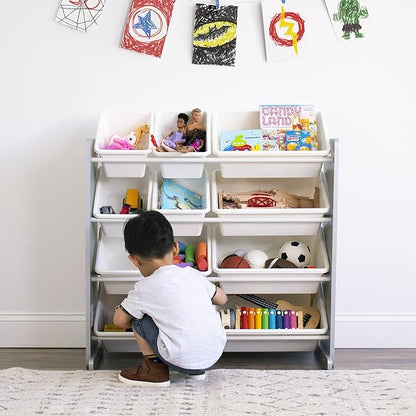 Humble Crew, Grey/White Kids Toy Organizer with 12 Storage Bins, Toddler