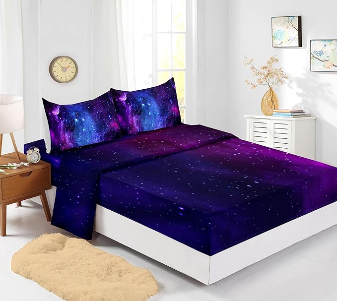 7PCS Purple Comforter Sets Queen,Girls Galaxy Comforter Queen,Girls Bed Sets Queen,Bed in a Bag with Flat Sheet and Fitted Sheet,Pillowcases,Cushions for Girls,Galaxy Bedding Sets
