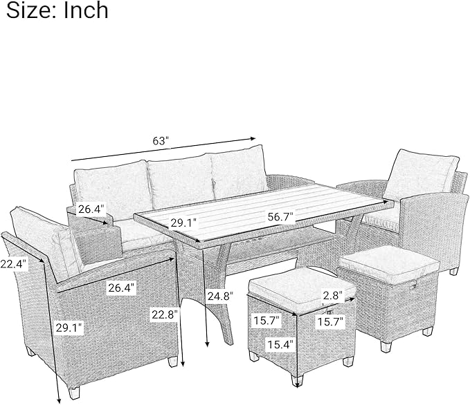 6-Piece Patio Furniture Set with Dining Table, Outdoor Garden Sectional Sofa, All-Weather Wicker Conversation Couch with Chairs, Stools and Cushions, Onesize, Gray Rattan