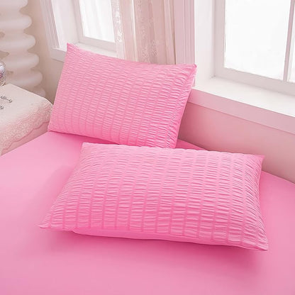 Twin Bed in a Bag Pink Seersucker Comforter Set 5-Pieces Microfiber Lightweight Comforter All Season Bedding Sets with Comforter,Flat Sheet,Fitted Sheet and Pillowcases