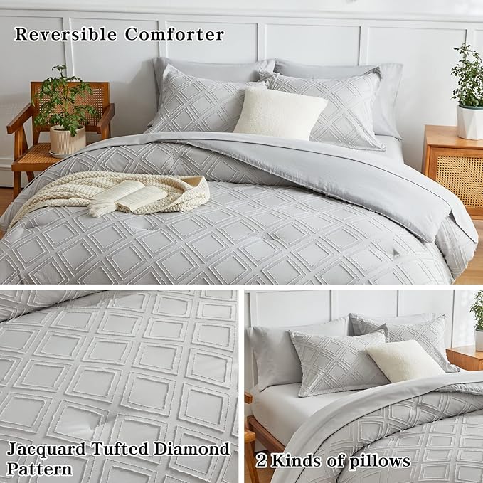7 Pieces Tufted Bed in a Bag Queen Comforter Set with Sheets Light Grey, Soft and Embroidery Shabby Chic Boho Bohemian, Solid Color with Diamond Pattern, Jacquard Tufts Bedding Set for All Season