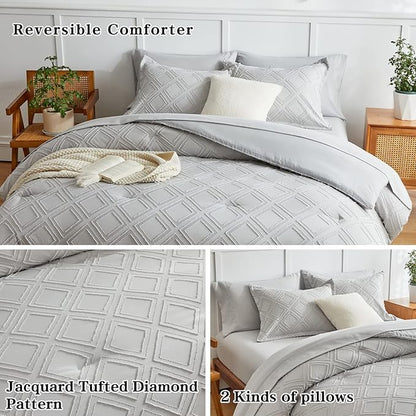 7 Pieces Tufted Bed in a Bag Queen Comforter Set with Sheets Light Grey, Soft and Embroidery Shabby Chic Boho Bohemian, Solid Color with Diamond Pattern, Jacquard Tufts Bedding Set for All Season